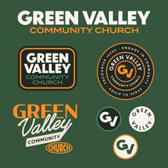 the green valley community church logo is shown in various colors and sizes, including orange, white