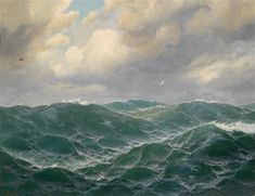 an oil painting of waves in the ocean with birds flying over it and clouds above