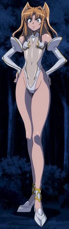 an anime character is posing naked in the woods