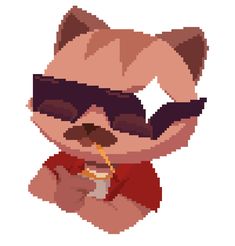 a pixellated image of a bear wearing sunglasses and holding a drink