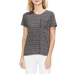 Vince Camuto's Striped T-Shirt With A Patch Pocket Is The Perfect Essential To Keep Your Casual Days Elevated And Comfortable. Hits At Hip; Approx. 23-1/2" Crewneck Patch Pocket At Left Chest Polyester/Rayon/Spandex Machine Washable Imported Web Id: 8082225 Casual Workwear T-shirt With Shirttail Hem, Everyday Tops With Pockets And Shirttail Hem, Black Crew Neck Top With Side Pockets, Black Crew Neck Tops With Pockets, Casual Workwear Tops With Sleeve Pocket, Casual Tops With Side Pockets For Work, Black Summer Tops With Side Pockets, Black Top With Side Pockets For Summer, Black Crew Neck T-shirt With Side Pockets