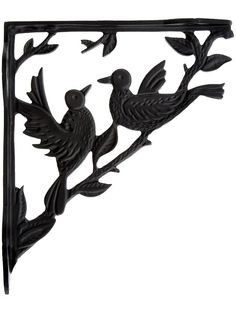 two birds sitting on top of a tree branch with leaves in the shape of a frame