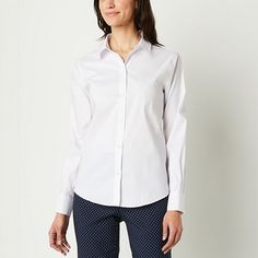 Made from a soft stretch-cotton poplin with Liz Claiborne's Everair technology to keep you cool and dry, this women's button-down shirt is a comfortable style choice for work or a day out with friends. This long-sleeve shirt is cut for a regular-fit, with wrinkle-free properties, and has a classic point collar, button cuffs, and a curved hem for easy layering.Features: Wrinkle Resistant, Stretch FabricClosure Type: ButtonFit: Loose FitNeckline: Collar NeckSleeve Length: Long SleeveSleeve Style: Elegant Wrinkle-resistant Tops For Work, Stretch Business Casual Tops With Buttons, Office Cotton Stretch Shirt, Elegant Wrinkle-resistant Work Tops, Stretch Cotton Shirt For Office, Stretch Cotton Shirt For The Office, Stretch Tops With Buttons For Business Casual, Casual Wrinkle-resistant Work Shirt, Slim Fit Top With Spread Collar For Daywear