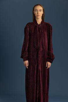 Maxi length Cuffed Long Sleeve Regular fit Hidden placket, button closure 91% Polyester 9% Polyurethane Dry Clean Made in NYC, US. CA22126 Velvet Maxi Dress, Velvet Maxi, Stretch Velvet, Large Black, Bow Tie, Dry Clean, Cuff, Maxi Dress, Velvet