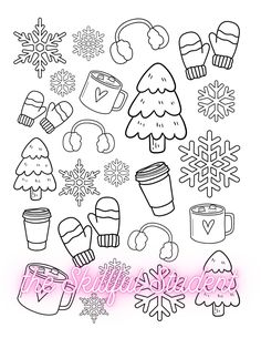 a coloring page with snowflakes, mittens and other winter related items on it