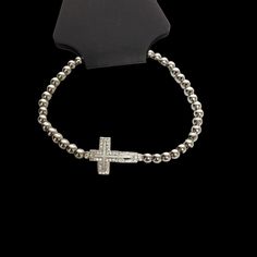 Stretch White Tone Cross Bracelet Family Fun Day, Bracelet In Silver, Ultrasonic Cleaner, Crystal Set, Bracelet Stack, The Cross, Bead Bracelet, Base Metal, Stretch Bracelets