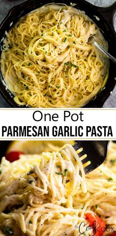 one pot parmesan garlic pasta in a skillet and the other is being cooked