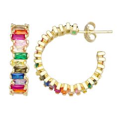 Decorated with colorful CZ gemstones, these 18k gold-over-silver hoops are a vibrant addition to your jewelry collection. Decorated with colorful CZ gemstones, these 18k gold-over-silver hoops are a vibrant addition to your jewelry collection. Length: 22 mm Backings: post Metal: sterling silver Plating: 18k gold flash plated Finish: polished Packaging: boxedSTONE DETAILS Stone type: cubic zirconia Total weight: 4 ct. Shape: rectangle Setting: prong Gemstones may have been treated to enhance thei Multicolor Fine Jewelry Hoop Earrings As Gift, Multicolor Hoop Jewelry For Anniversary, Multicolor Huggie Hoop Earrings For Gift, Multicolor Hoop Fine Jewelry, Elegant Rainbow Colored Hoop Jewelry, Elegant Rainbow Hoop Jewelry, Fine Jewelry Multicolor Hoop, Multicolor Round Huggie Earrings As Gift, Multicolor Round Huggie Earrings For Gifts