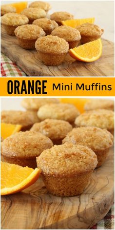 orange mini muffins on a cutting board with an orange slice cut in half