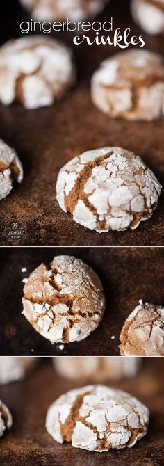 three different views of baked cookies with powdered sugar on them