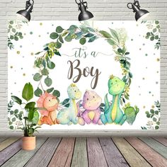 it's a boy sign with animals and greenery on the wall next to a potted plant