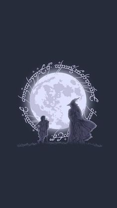 two people standing in front of a full moon with the words, and an inscription on it