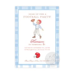 a blue and white striped birthday party card with a cartoon character holding a football ball