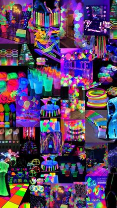 a collage of neon lights and party supplies in different colors, shapes and sizes