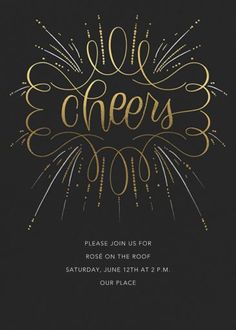 a black and gold party card with the words cheers written in gold foil on it