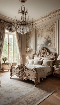 a fancy bedroom with chandelier, bed and curtains on the window sill