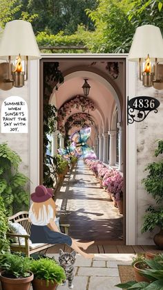 a woman sitting on a bench in front of an open door to a garden filled with potted plants