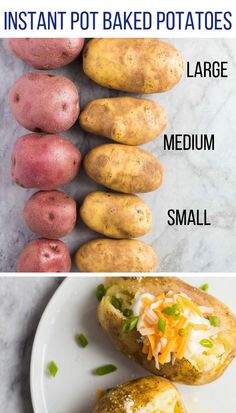 three different types of baked potatoes with the words instant pot baked potatoes on top and bottom