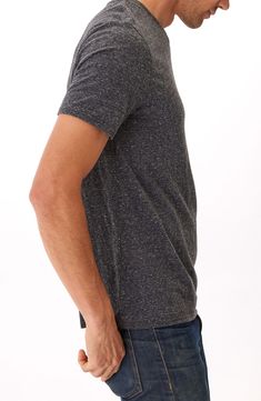 A softly slubbed knit brings casual, old-favorite vibes to a T-shirt crafted for feel-good comfort with recycled and sustainably produced fibers. 28" length (size Medium)   V-neck   Short sleeves   50% recycled polyester, 38% organic cotton, 12% rayon   Machine wash, dry flat   Imported Casual Washed Black T-shirt For Loungewear, Casual Tri-blend Crew Neck T-shirt, Casual Washed Black Tops For Gatherings, Comfortable Soft-washed Black Tops, Washed Black Crew Neck T-shirt For Loungewear, Casual Heather Tops For Everyday, Casual Heather Crew Neck Tops, Heather Tri-blend Crew Neck Top, Black Casual T-shirt For Gatherings