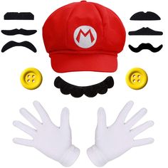 a red hat, mustaches, gloves and other items are arranged on a white background