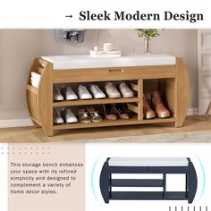 the shoe rack is made from wood and has multiple compartments for shoes