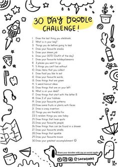 the 30 day doodle challenge is shown in black and white with an image of cartoon characters