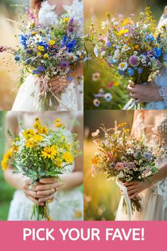 a woman holding flowers in her hands with the words pick your fave