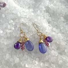 Tanzanite, Amethyst & Rhodolite Garnet Dangle Earrings Purple Briolette Wire Wrapped Earrings, Faceted Amethyst Dangle Earrings, Faceted Amethyst Long Drop Jewelry, Faceted Briolette Amethyst Earrings, Purple Briolette Earrings With Natural Stones, Chip Jewelry, Dark Amethyst, Ear Art, Ocean Jewelry