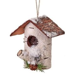 MTX61497-NAFR_pl Birdhouse Ornament, Birdhouse Ornaments, Woodland Tree, Shingle Roof, Birch Logs, Tree Wreath, Christmas Bird, Pine Branch, Roof Shingles