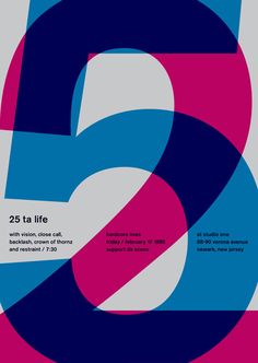 a poster with the number five in blue, pink and purple on it's side