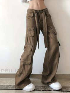 Peilia - Womens High Rise Grey Cargo Pants with Belted Waist and Flap Pockets - Straight Wide Leg Loose Fit, Y2K Kpop Vintage Style, Denim & Clothing Full Length Khaki Cargo Jeans For Fall, Khaki Full Length Jeans With Pockets, Full Length Khaki Jeans With Pockets, Khaki Full-length Cargo Jeans, Baggy Khaki Denim Pants, Mid-rise Khaki Jeans For Streetwear, Khaki Mid-rise Jeans For Streetwear, Khaki Cargo Jeans For Streetwear, Khaki Full Length Jeans For Streetwear