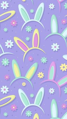 an easter bunny pattern with pastel colors and flowers on a purple background for wallpaper