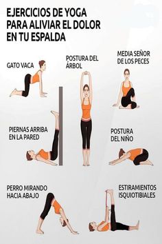 a woman doing yoga poses with the words in spanish above her and below her head