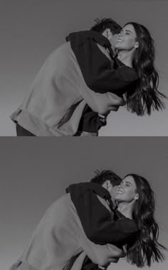 two people are hugging each other in black and white photo collages, with one person holding the woman's head