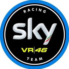 the sky vr 46 team logo on a black and blue circle with white letters that read racing sky