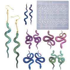 various colored snake shaped earrings and ear pins on a white background, including one in the shape of an octopus