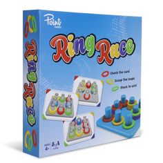 a box with three pieces of colorful plastic toys in the front and back, on a white background