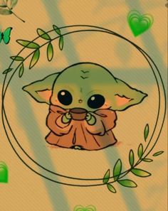 the baby yoda is sitting in a circle with green leaves around it and butterflies flying above