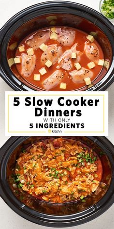 four slow cooker meals with the words 5 slow cooker dinners in front of them