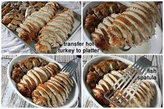 four pictures showing different stages of how to roast turkey