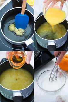 four pictures showing how to make an orange juice in a saucepan and then adding it to the batter