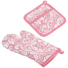 two oven mitts with pink and white designs