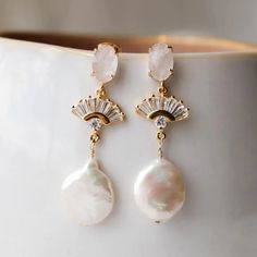 REESE Freshwater Pearl Earrings, Earrings, - Wander + Lust Jewelry Beautiful Jewelry Jewelry Pearl Earrings, Statement Earrings Wedding, Bridal Statement Earrings, Bijoux Art Nouveau, Earrings Art Deco, Rose Gold Quartz, Freshwater Pearl Earrings, Bridal Earrings Pearl