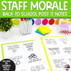 the back to school post it notes are lined up on a table with markers and pens