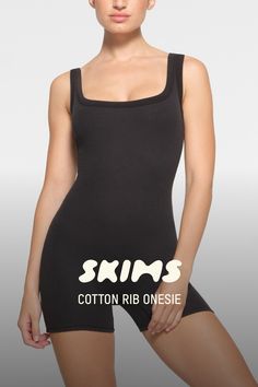 Our signature mid-thigh bodysuit silhouette, now in our super comfortable cotton. Take this one-and-done style and wear it alone or layer it with your favorite blazer, sweatshirt, or jacket! Fits true to size. | SKIMS Onesie (Bodysuit) | Black | 2XS | Cotton Rib Jacket Fits, Bodysuit Black, Cotton Romper, Black Xs, Black Bodysuit, Black Media, Christmas List, Wear It, Capsule Wardrobe