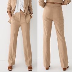 J Crew NWT $198 Willa Camel Full Length Flare Pant in Italian City Wool | Sz 14T Product Details Color: CAMEL BLUSH One half of our fresh take on the fall suit, these '70s-inspired pants feature a full-length fit with a subtle flare at the hem and look even better paired with our customer-favorite Willa blazer. Plus, they're crafted in Italian city wool, our polished new fabric from Tuscany with just a touch of structure. 55% polyester/44% wool/1% elastane. Zip fly. Pockets. Lined. Machine wash. Import. Select stores. Item BK268. Size & Fit  Reviews say these run large and you should size down. Please see actual waistband measurement. High rise. Slim through the hip and thigh, with a flared leg. Front rise: 11 1/2"; 35" inseam; 18 1/4" leg opening (based on a size 6). Actual Waistband Meas Flare Black Pants, Fall Suit, Italian City, Cropped Flare Pants, Flare Pant, Blue Trousers, Bootcut Pants, Jcrew Women, 70s Inspired