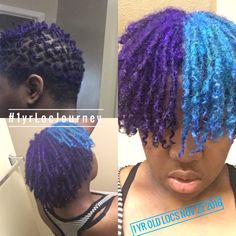 Split Color Locs, Split Dyed Locs, Blue And Purple Locs, Colors Locs, Dread Colors, Coloured Locs, Pravana Violet