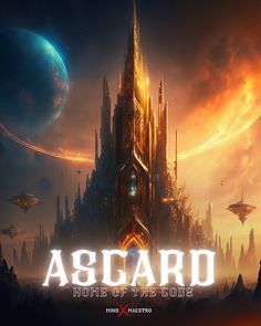 the title for ascard home of the gods, with an alien city in the background