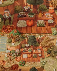 a painting of an outdoor picnic with pumpkins and other things on the table in front of it