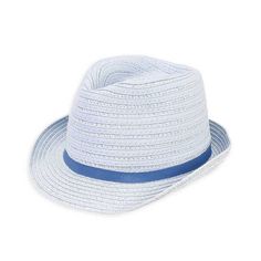 Baby blue fedora hat for infants. Cotton ribbon and straw striped crown. Narrow blue ribbon band. Small brim, 1.5" wide. Teardrop crown with pinched front. UPF 50+ sun protection hat. One size, 46 cm, 6-12 mos. Inner drawstring to reduce size even smaller. Packable, crushable. 60% paperbraid, 40% cotton Adjustable Blue Fedora For Spring, Adjustable Blue Summer Fedora, Blue Adjustable Summer Fedora, Adjustable Blue Hat Bands For Vacation, Blue Summer Fedora Hat, Adjustable Blue Bucket Straw Hat, Blue Adjustable Panama Hat For Summer, Adjustable Blue Fedora Straw Hat, Blue Flat Brim Panama Hat For Summer